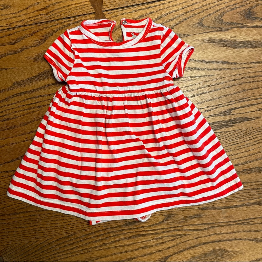 Primary Red and White Striped Casual Kids Dress w/ attached onesie. Size 6-12 mo